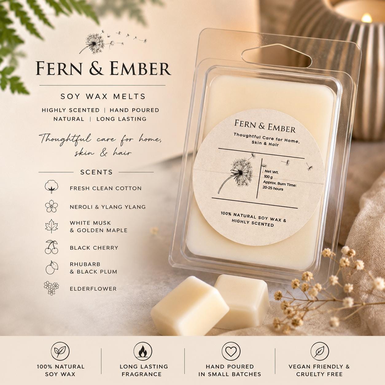 Fern & Ember Clean Cotton Soy Wax Melts | Hand Poured, Vegan Home Fragrance