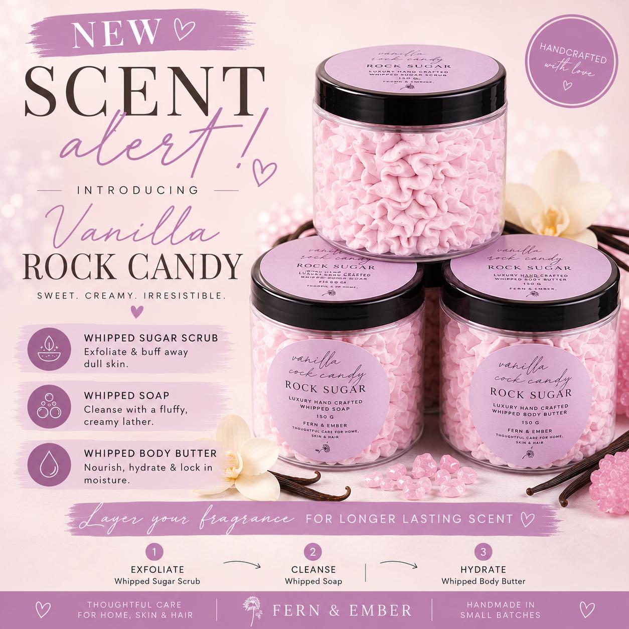 Vanilla Rock Candy Sugar Whipped Body Soap – Gourmand Scent, Vegan Bath Luxury