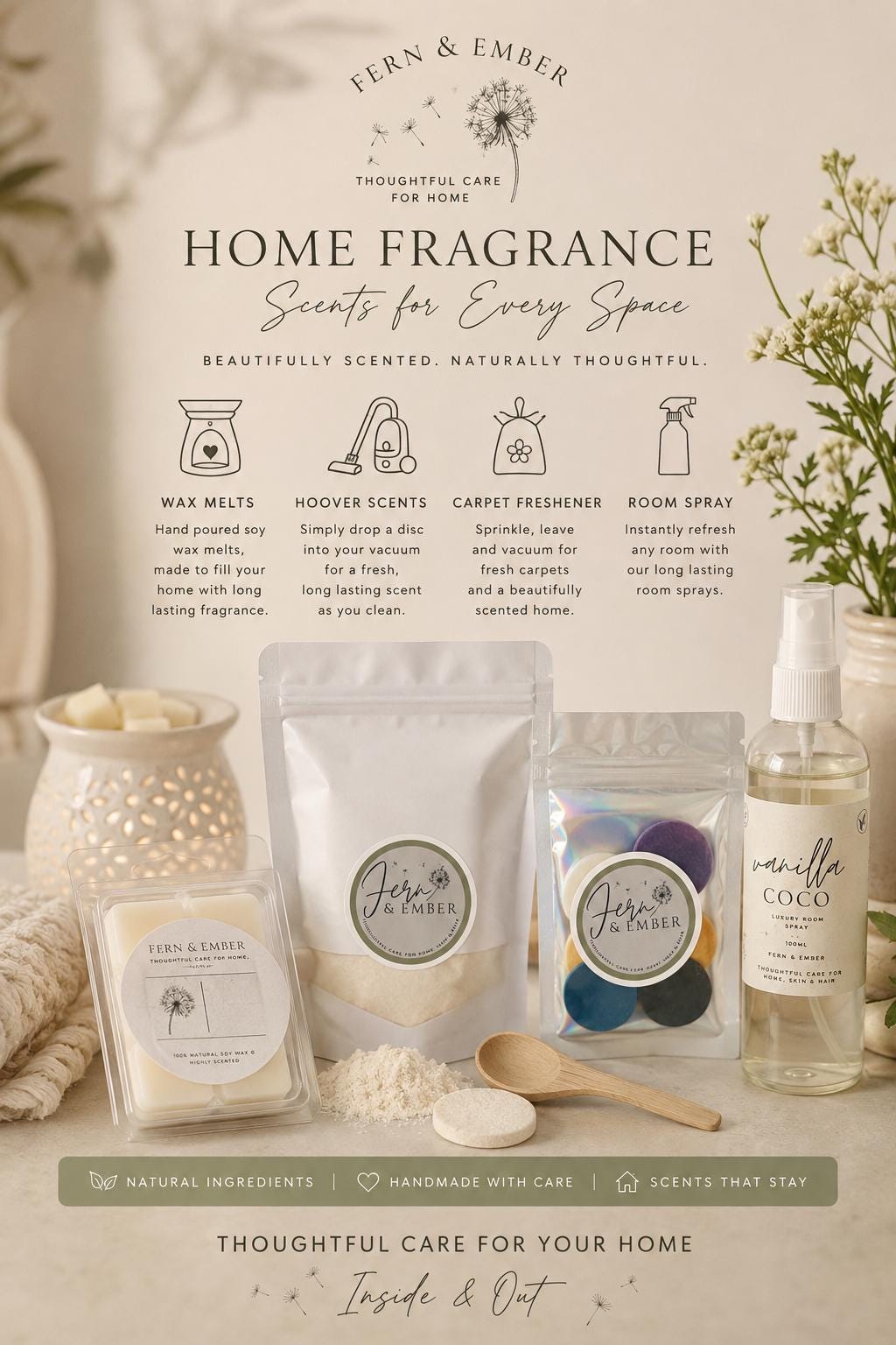 Fern and Ember Home Fragrance Range | Fairy Fresh | Wax Melts, Carpet Freshener, Hoover Scents & Room Spray | Handmade Luxury