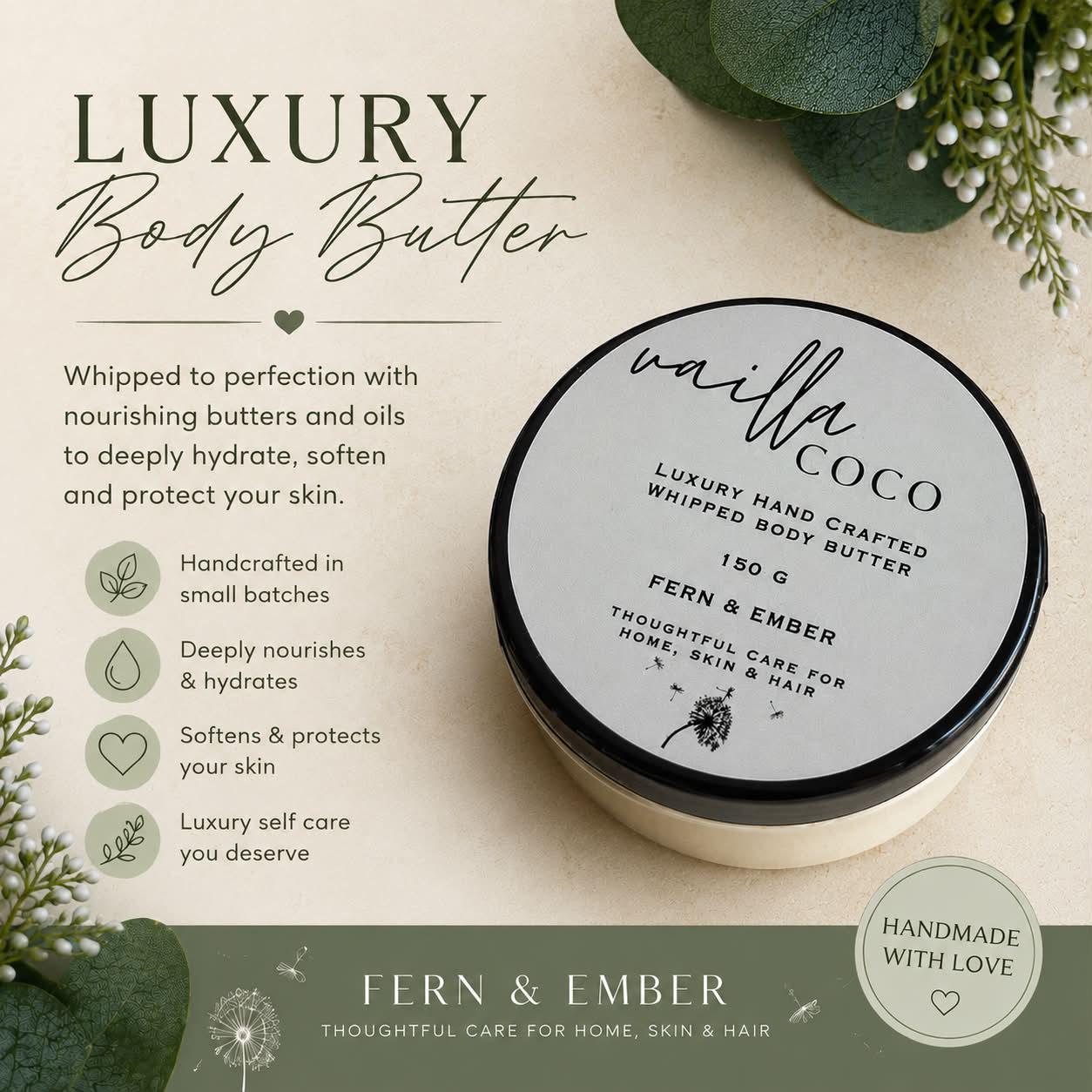 Fern & Ember Vanilla Coco Whipped Body Butter | Luxury Shea Moisturiser | Vegan Skincare