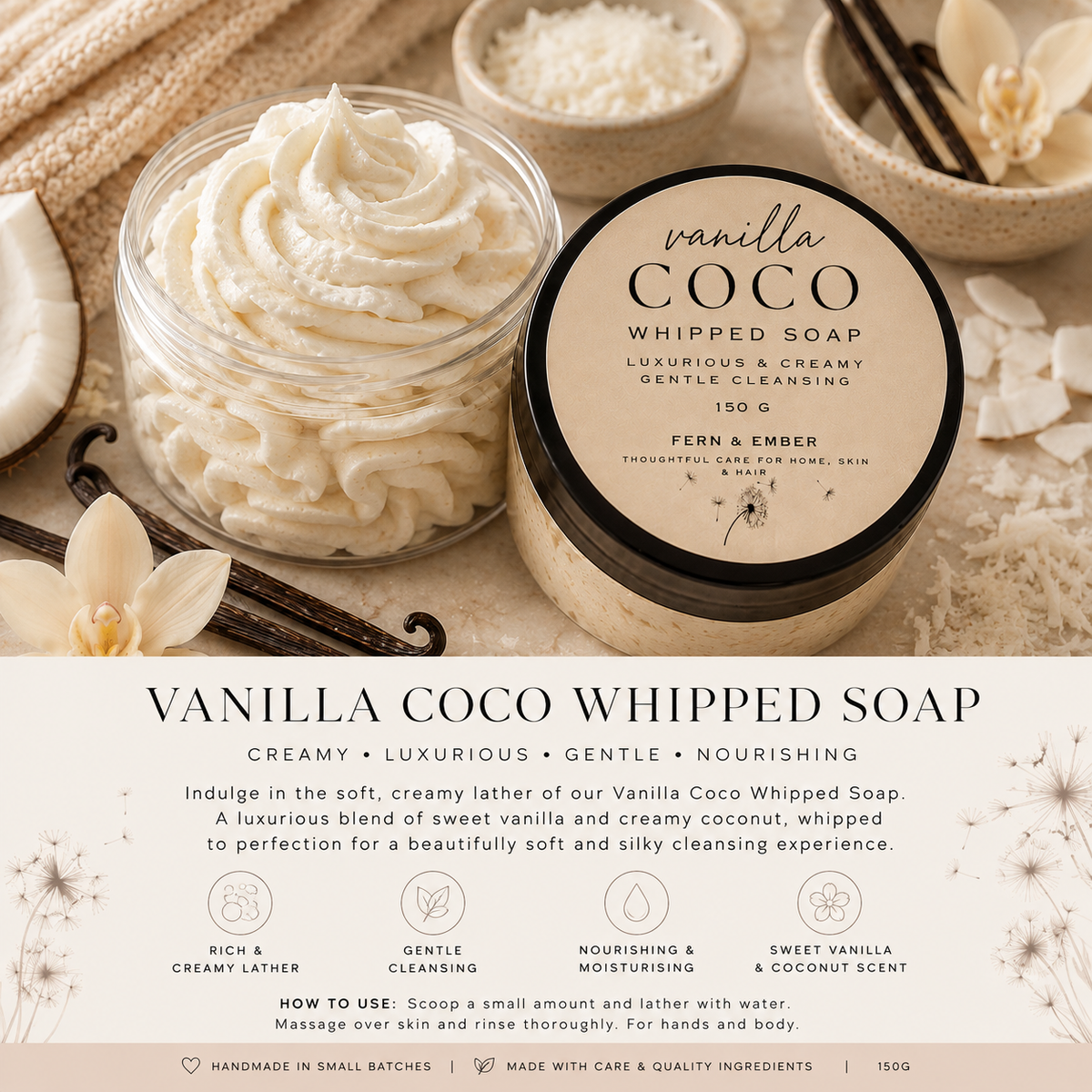 Vanilla Coco Whipped Body Soap – Gourmand Scent, Vegan Bath Luxury